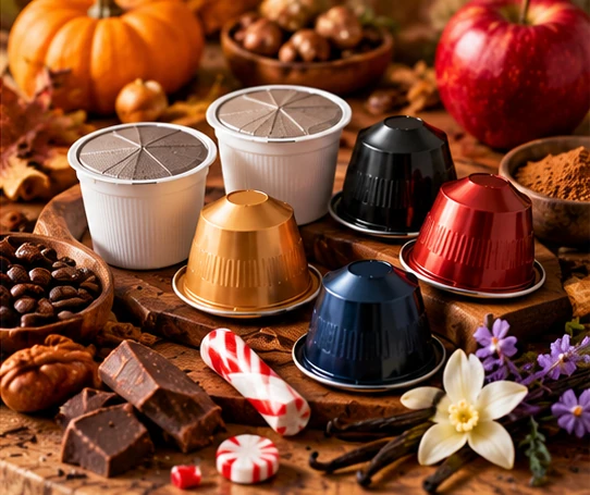 Assorted seasonal coffee pods with pumpkin apple peppermint vanilla and chocolate ingredients