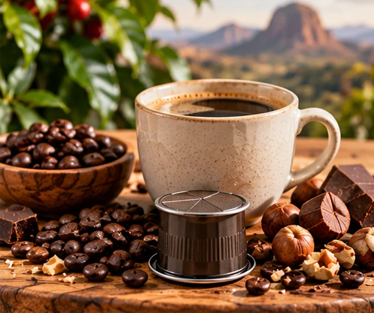 Brazilian single-origin coffee pod with chocolate nuts and roasted coffee beans