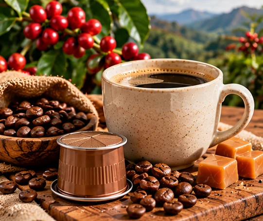 Colombian single-origin coffee pod with coffee cherries and caramel tasting ingredients