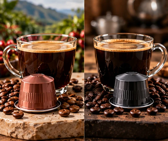 Single-origin coffee pod compared with blended coffee pod