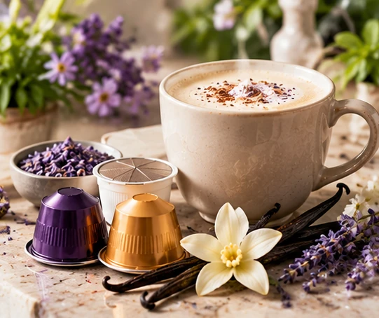 Light spring coffee with floral vanilla ingredients and coffee pods