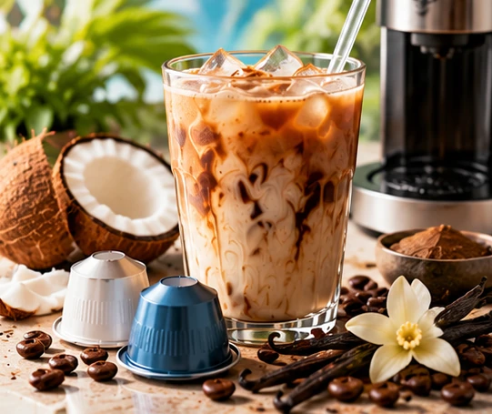 Iced seasonal coffee with coconut vanilla ingredients and coffee pods