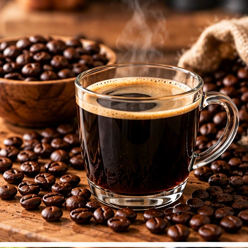 Traditional Coffee Example Traditional black coffee with roasted coffee beans and a single serve coffee pod